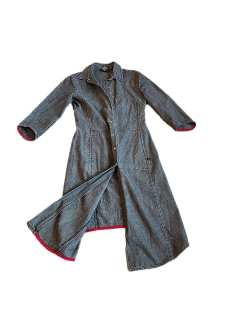 Midi Denim Shirt Dress Faded Black Jean Dress Red Trim Snap ButtonsTRISTAN Small - Picture 3 of 16